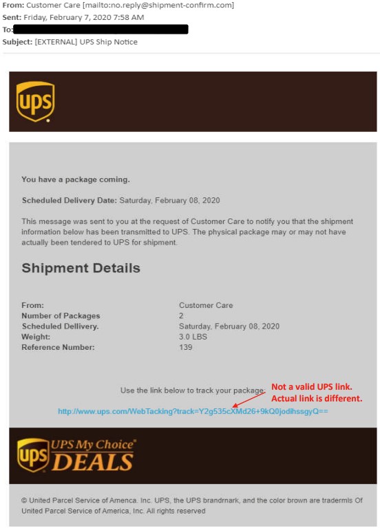 UPS Delivery scam email example